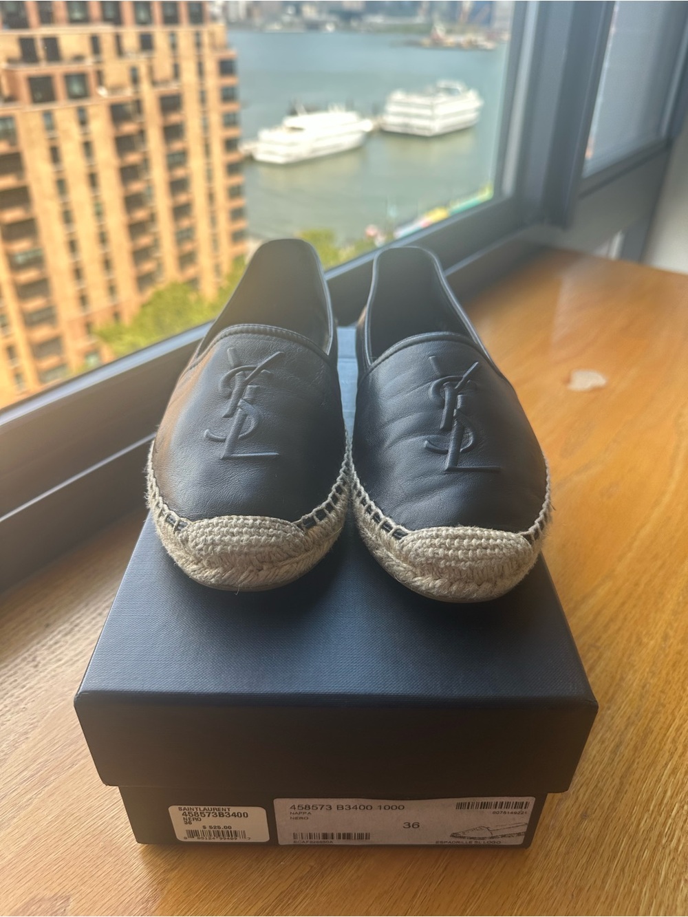 Saint Laurent Paris YSL Black Leather Logo Espadrilles Flats Size 36 w/ Box